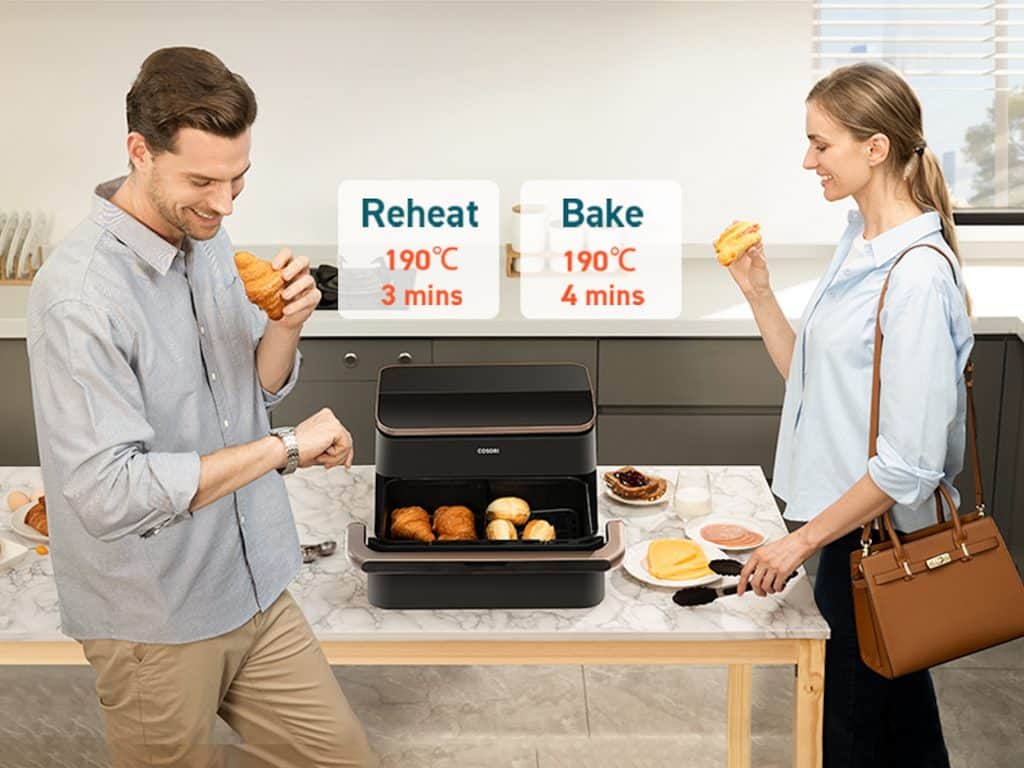 Pareja cocina con freidora de aire